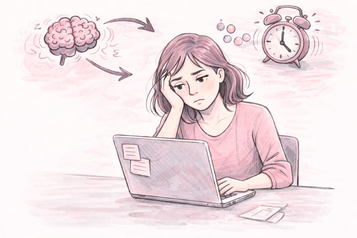 Woman at laptop feeling stressed about food decisions with ADHD