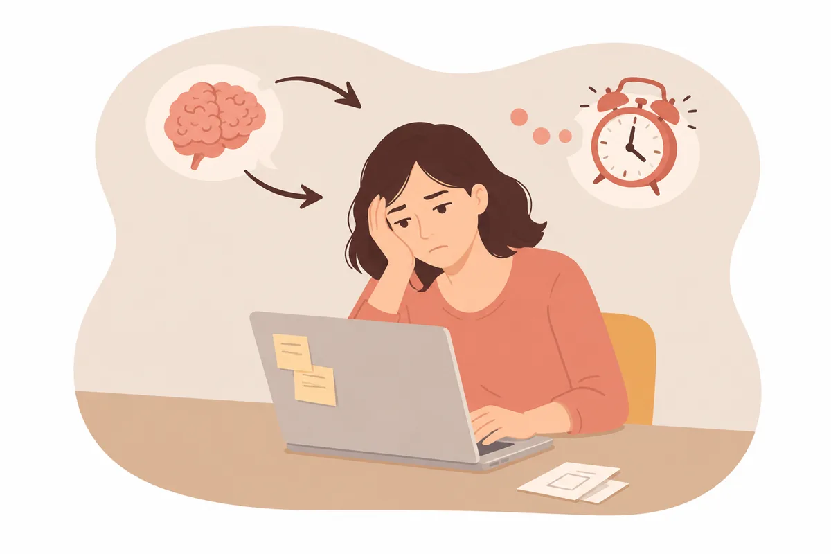 Woman at laptop feeling stressed about food decisions with ADHD