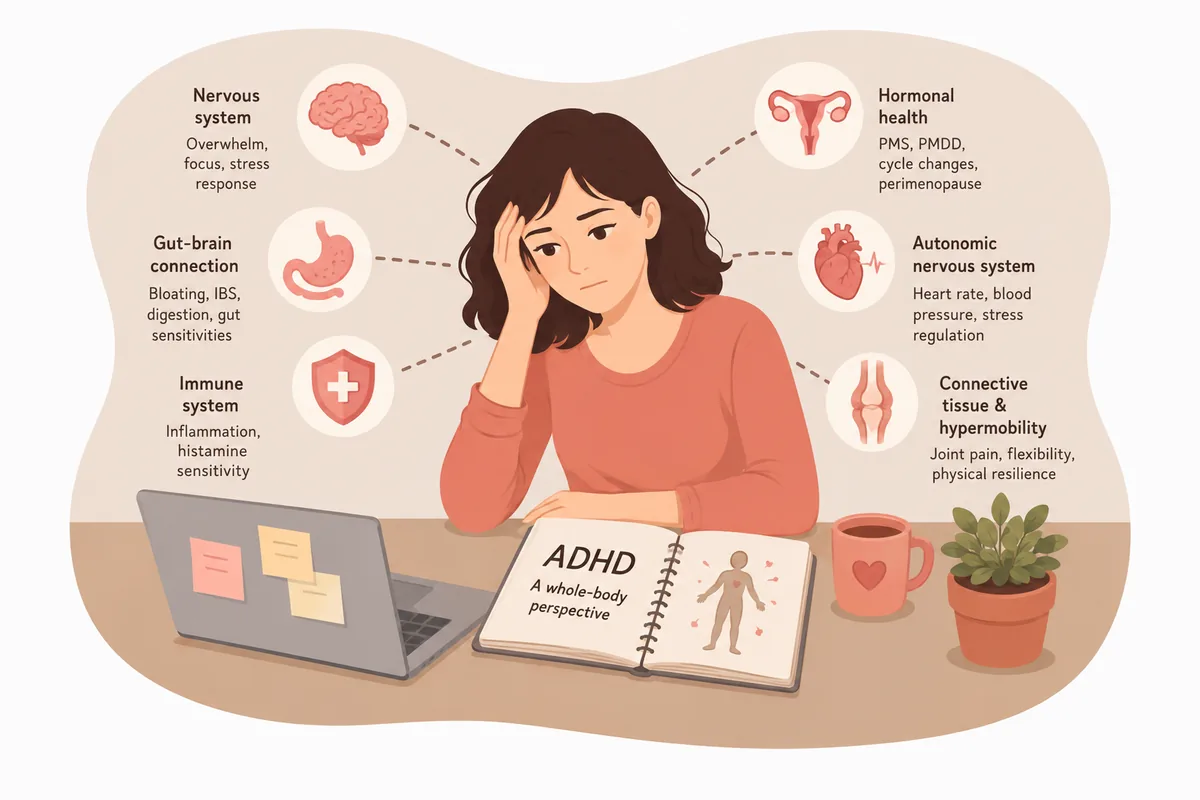 Illustrated diagram showing ADHD as a whole-body condition in women, with connections to the nervous system, hormonal health, gut-brain connection, immune system, autonomic nervous system, and connective tissue