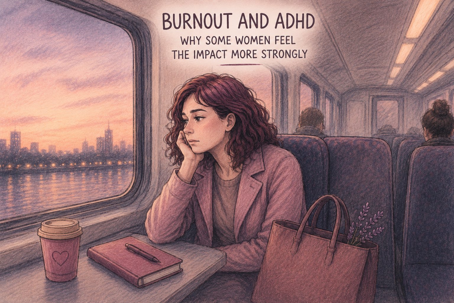 A tired woman with ADHD gazing out of a train window at sunset, coffee and notebook on the table