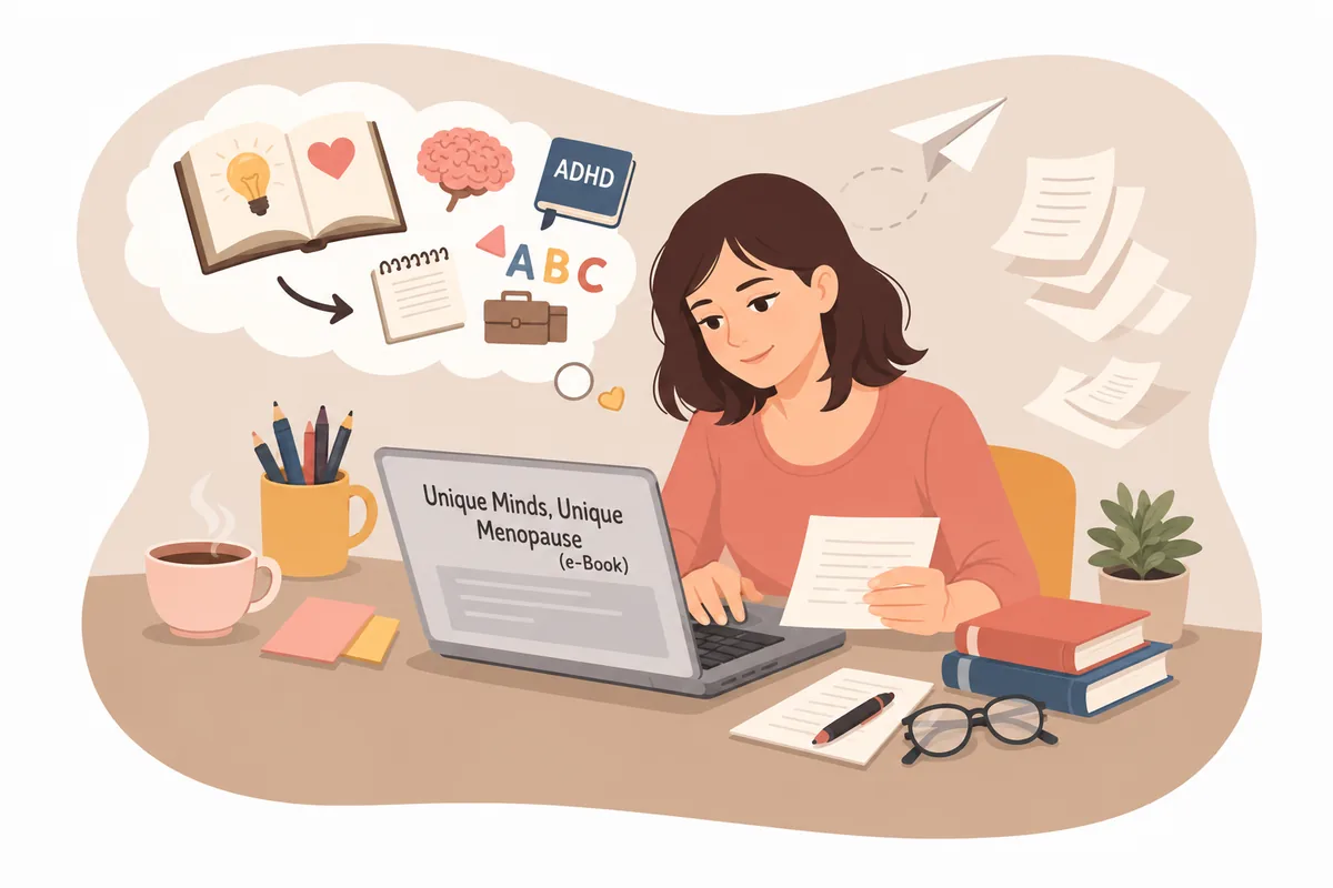 Woman writing thoughtfully at a desk, representing the journey of writing the Unique Minds Unique Menopause e-book